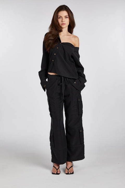 One Shoulder Asymmetric Button Up (Black)