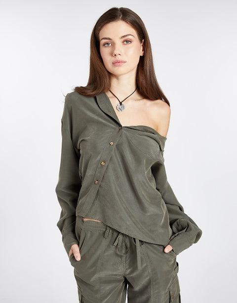 One Shoulder Asymmetric Button Up (Olive)