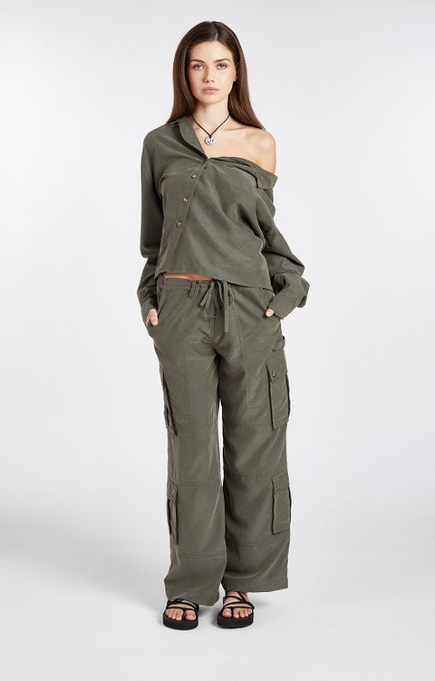 One Shoulder Asymmetric Button Up (Olive)