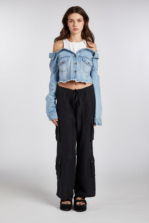 Off-Shoulder Denim Jacket with Layered Tank Top