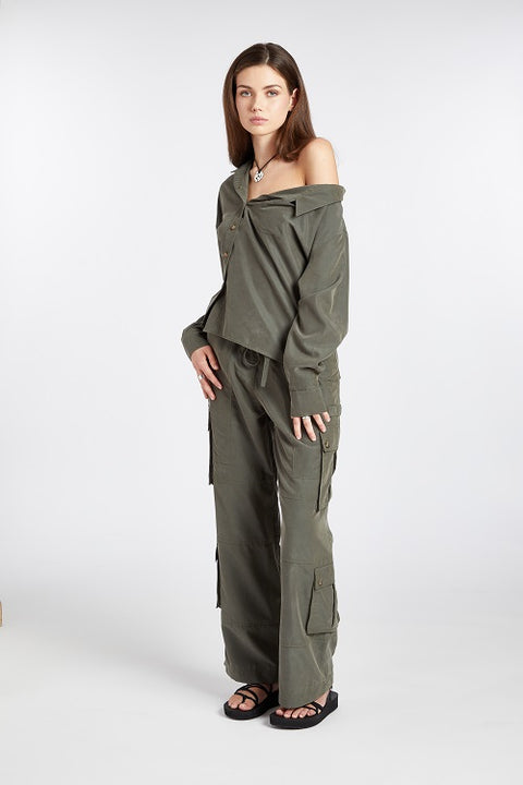 One Shoulder Asymmetric Button Up (Olive)