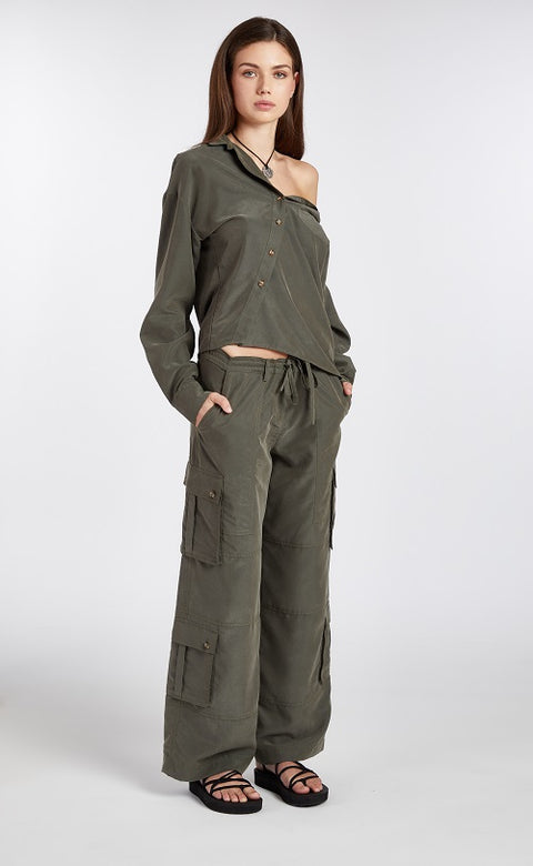 One Shoulder Asymmetric Button Up (Olive)