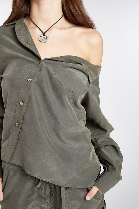 One Shoulder Asymmetric Button Up (Olive)