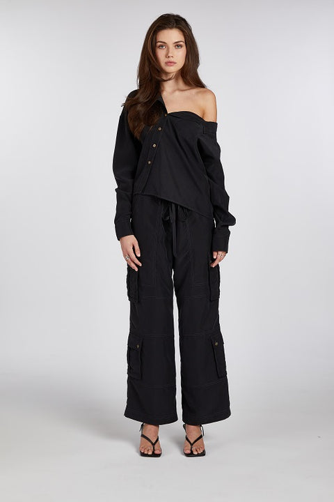 One Shoulder Asymmetric Button Up (Black)