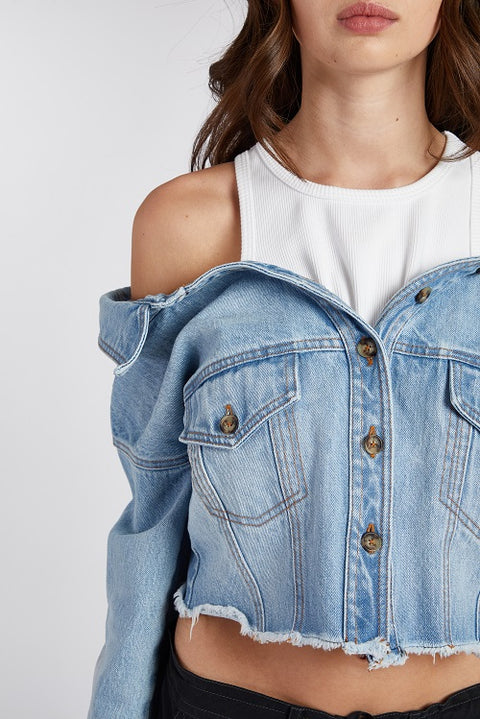 Off-Shoulder Denim Jacket with Layered Tank Top