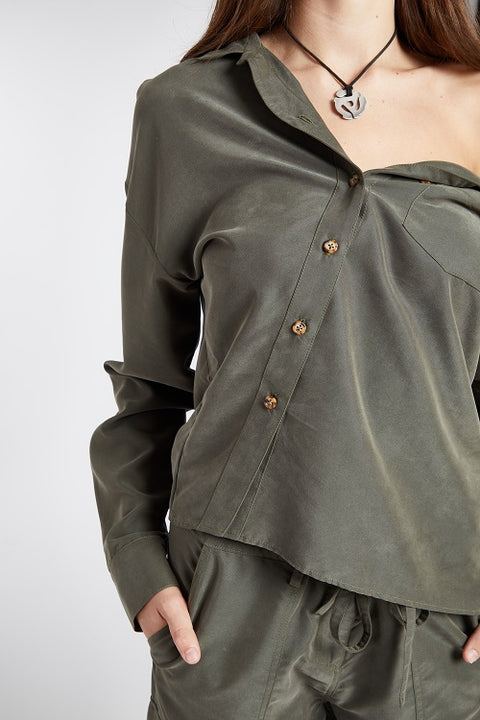 One Shoulder Asymmetric Button Up (Olive)