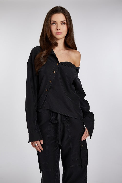One Shoulder Asymmetric Button Up (Black) – sâb studio