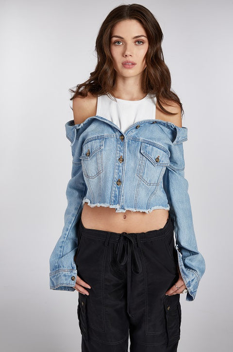 Off-Shoulder Denim Jacket with Layered Tank Top